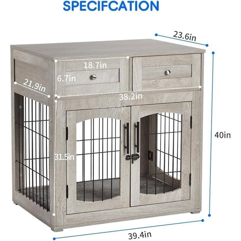 Dog Crate Furniture with Drawers, Wooden Kennel Table with 3 Doors