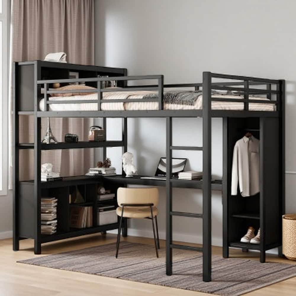 Teen & Adult Metal Loft Bed with L-Shaped Work Desk, Closet & Shelf Storage