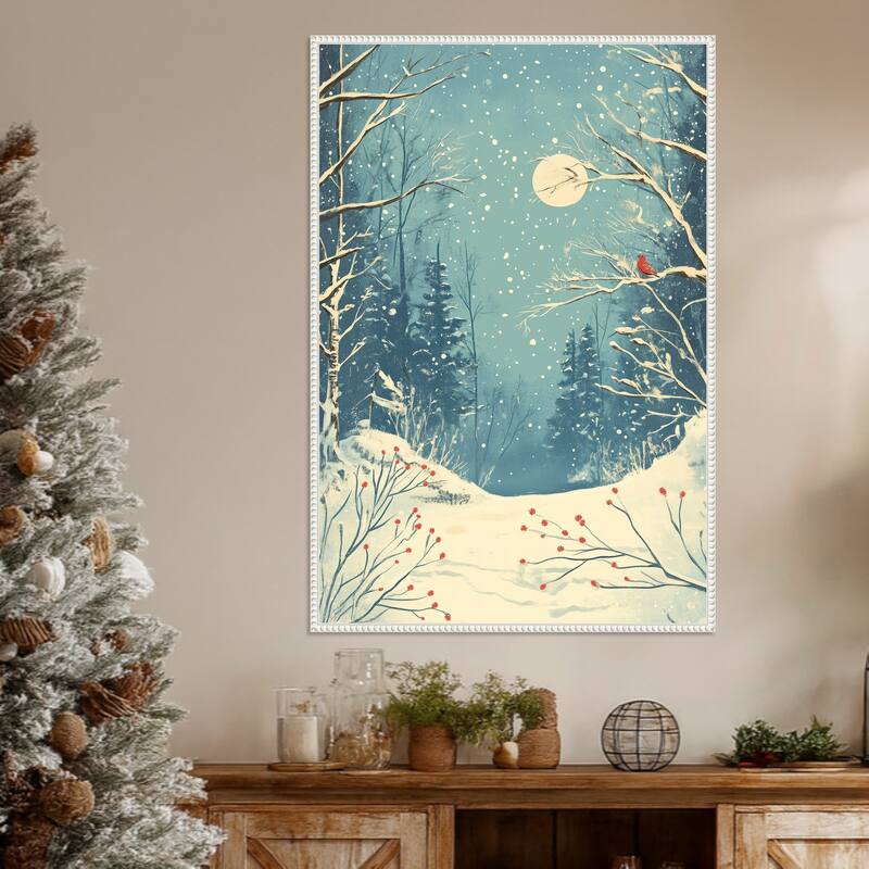 Red Bird in Snowy Forest by Pictufy Studio Framed Canvas Wall Art Print - Sylvie Beaded White
