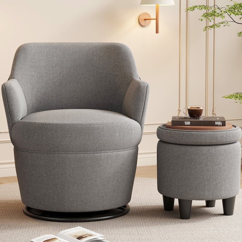 Swivel Accent Chair with Storage Ottoman, Modern Lounge Sofa Chair Barrel Chair Arm Chair with Nail Trim - Gray