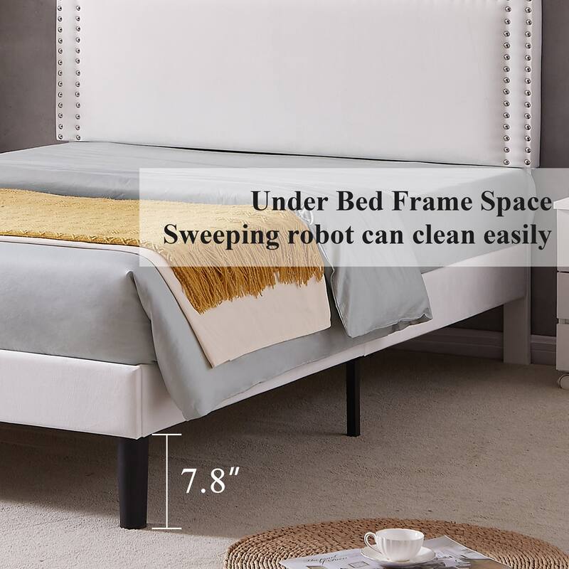 Upholstered Platform Bed Frame with Adjustable Headboard, Velvet Nailhead Trim, No Box Spring Needed
