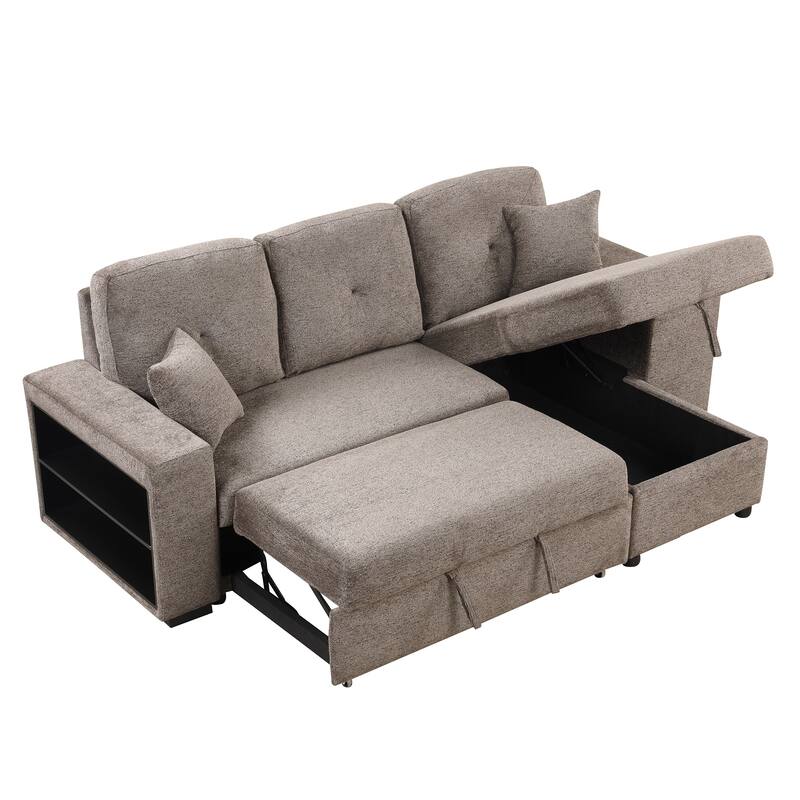 Reversible Sleeper Sectional Sofa Bed with Side Shelf and 2 Stools,Pull-Out L-Shaped Sofa Bed