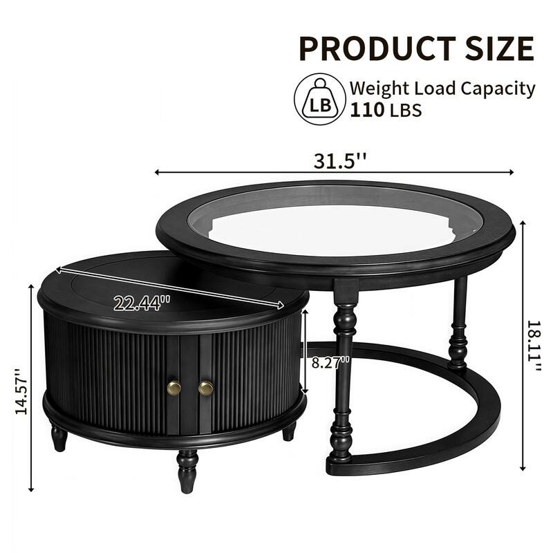 Nesting Table for Living Room, 31.5'' Coffee Table Fluted Set of 2, Tempered Glass Solid Wood Tabletop