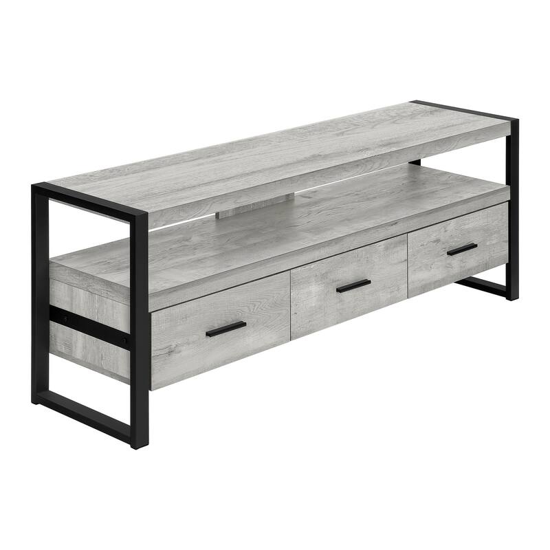 Contemporary 60-Inch Media Console with Open Shelf & Storage Drawers, Black Metal Frame, for TV Up to 89 Inches - Grey