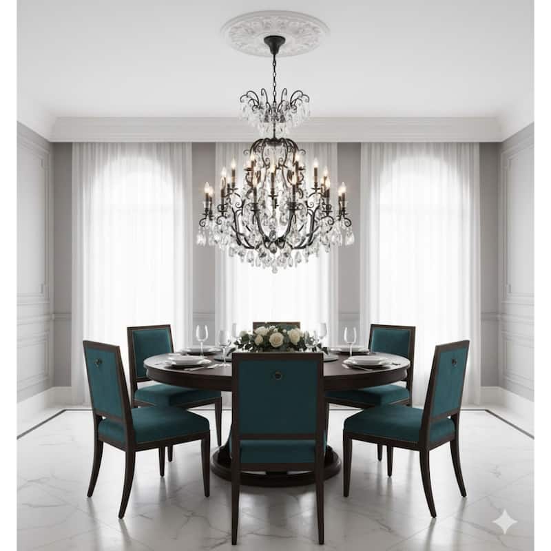 24-Light Matte Black Chandelier With Clear Hanging Crystals