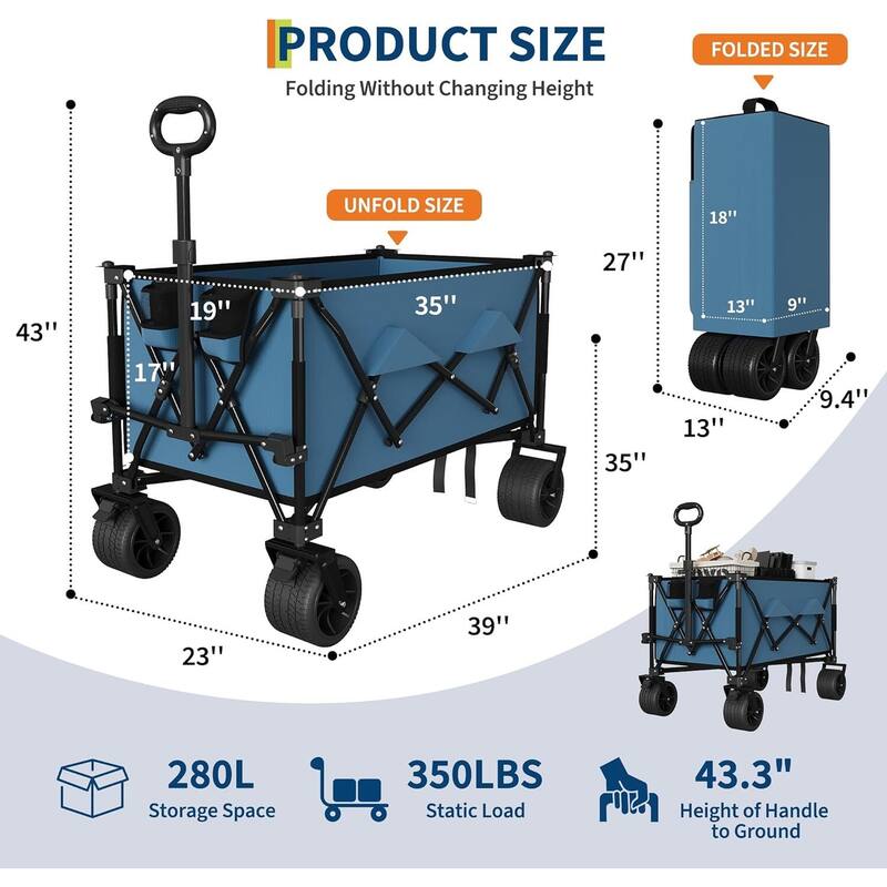 Outdoor Collapsible Folding Wagon Cart, 350lbs Capacity for Beach, Camping, Garden