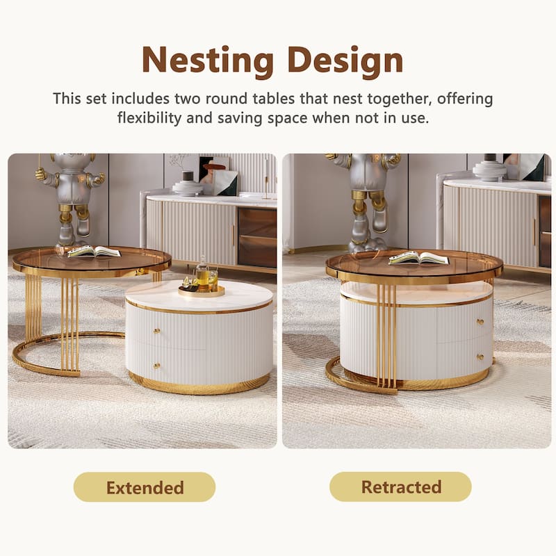 Modern 2 Pieces Round Nesting Coffee Table with Drawers and Brown Tempered Glass Top in 27.6"