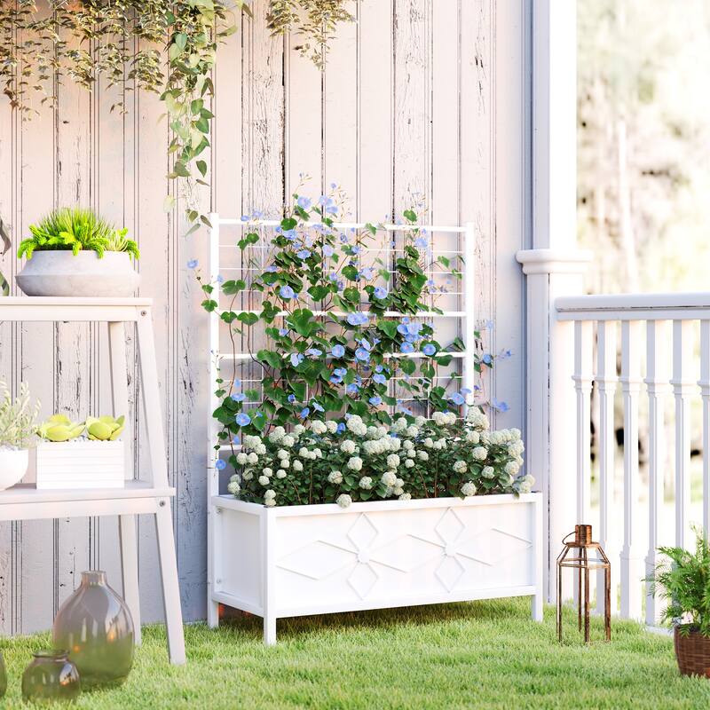 Outsunny Galvanized Raised Garden Bed with Trellis, Outdoor Planter Box for Climbing Vines Vegetables Flowers, Metal Garden Box - White