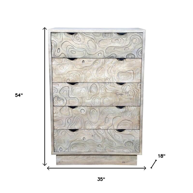 HomeRoots 35" Gray Carved Abstract Solid Wood Five Drawer Dresser