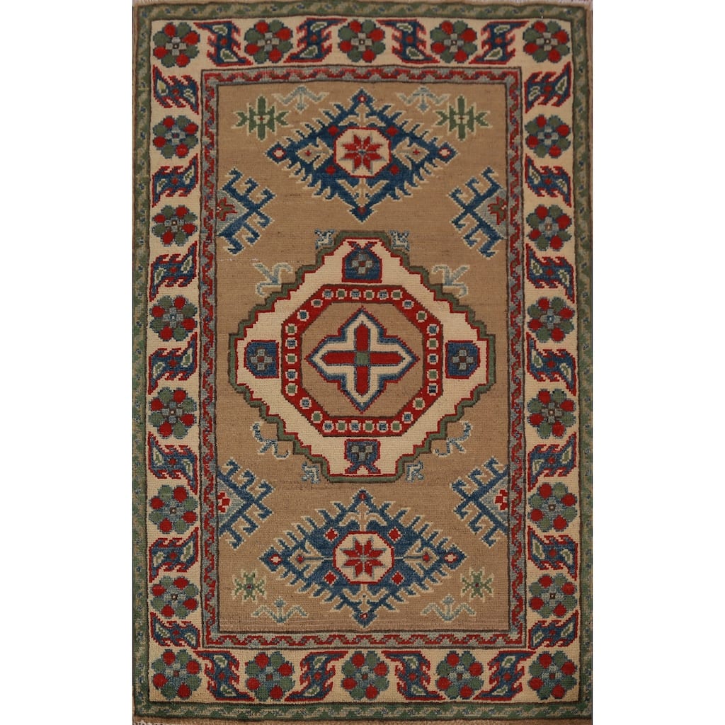 Brown Geometric Kazak Foyer Rug Hand-Knotted Wool Carpet - 2'7"x 4'0"