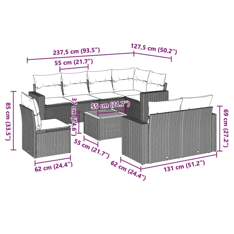 vidaXL Patio Sofa Set with Cushions Outdoor Furniture 9 Piece Poly Rattan - 21.7 x 21.7 x 14.6