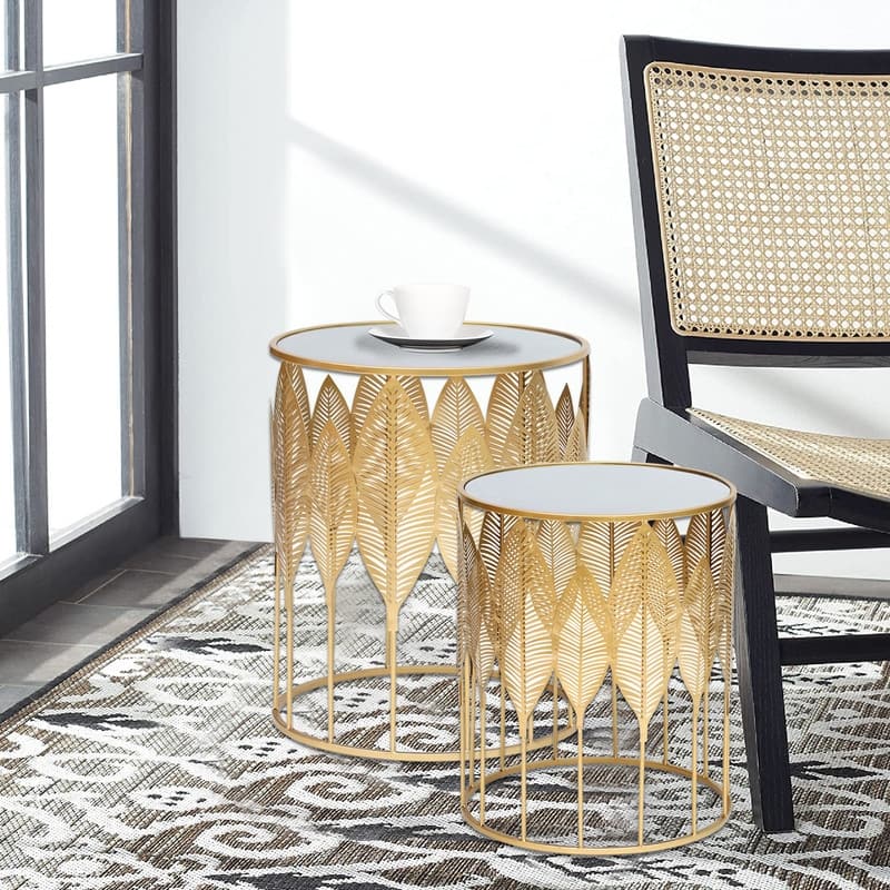 Adeco Gold Leaves End Tables Accent Coffee Nightstands Set of 2