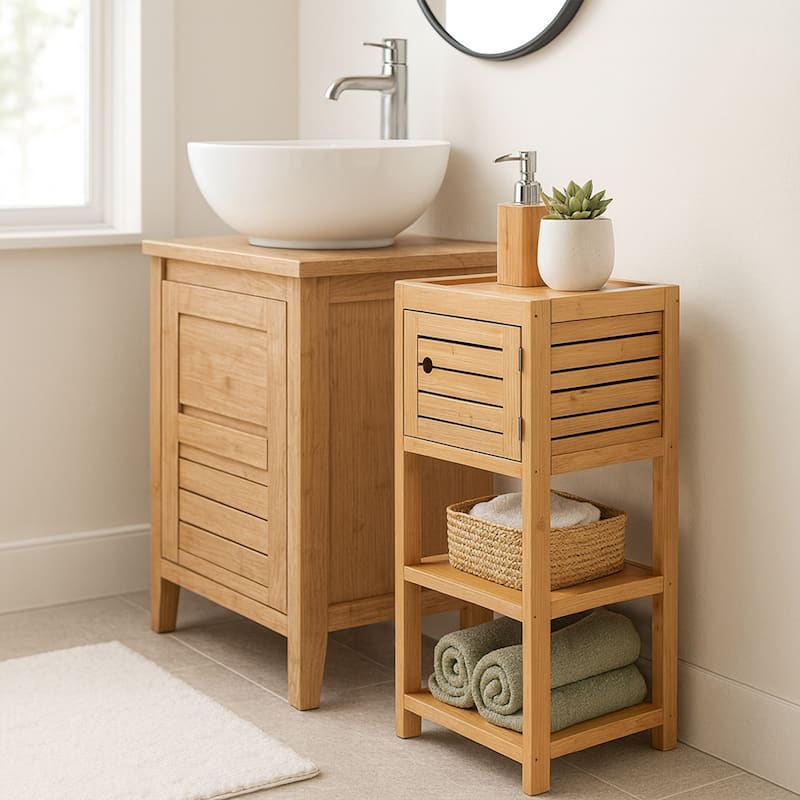 Compact Bathroom Storage Cabinet with Open Shelves and Vented Door, Natural - Trinidad Collection - 24.8"L x 9"W x 70.5"H
