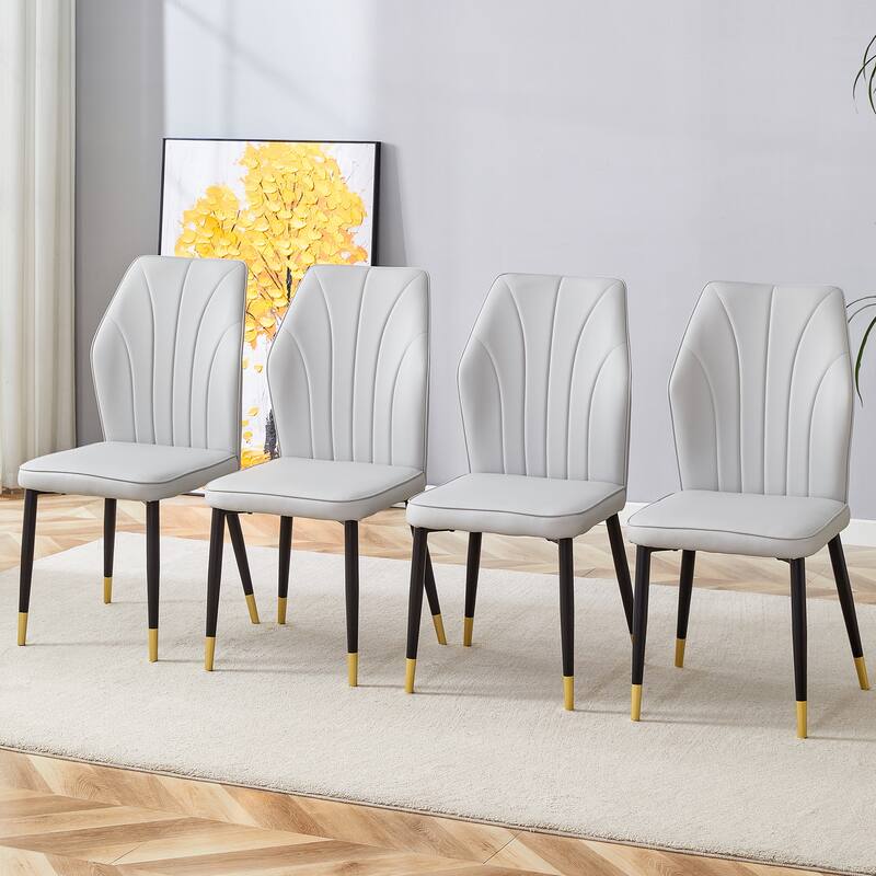 Roomfitters PU Dining Chairs with Patterned Back and Black Metal Legs, Set of 4 for Kitchen or Living Room - Light Gray