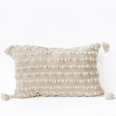 Beige And Ivory Textured With Tassels Rectangular Cushion Cover