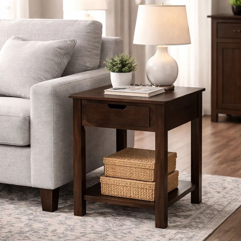 Xav 24 Inch End Table, Composite Wood, Open Shelf, Darkened Brown Finish