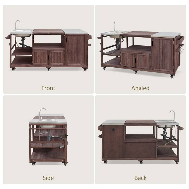 75.4" Rolling Outdoor Kitchen Island with Stainless Steel Top, Premium Solid Wood Grill Cart with Sink and Wheels for Outdoor