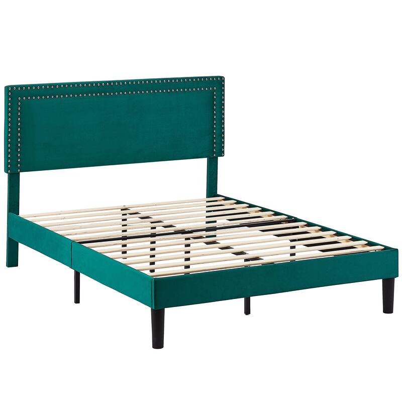 Upholstered Platform Bed Frame with Adjustable Headboard, Velvet Nailhead Trim, No Box Spring Needed