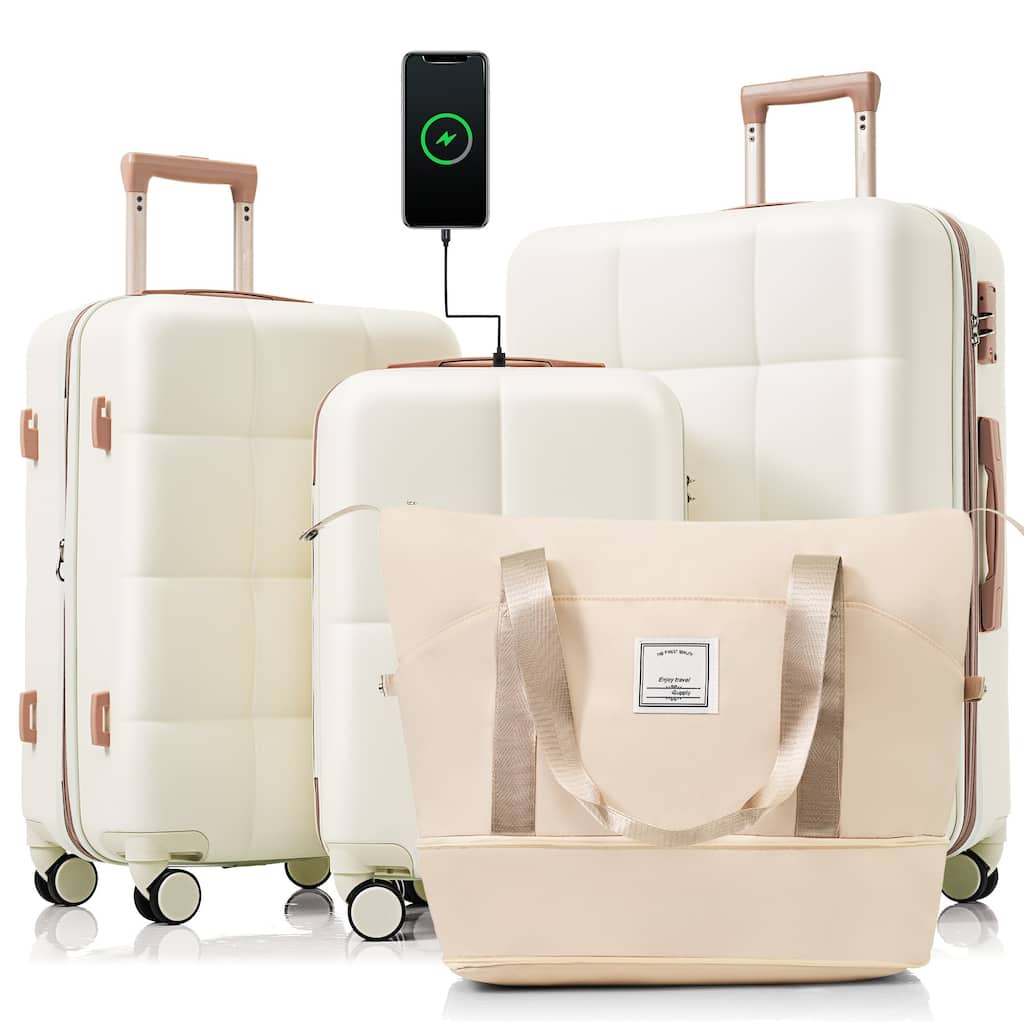 4-Piece, 20-Inch Modern Expandable Luggage with Travel Bag USB Port and Spinner Wheels, for Boarding Travel