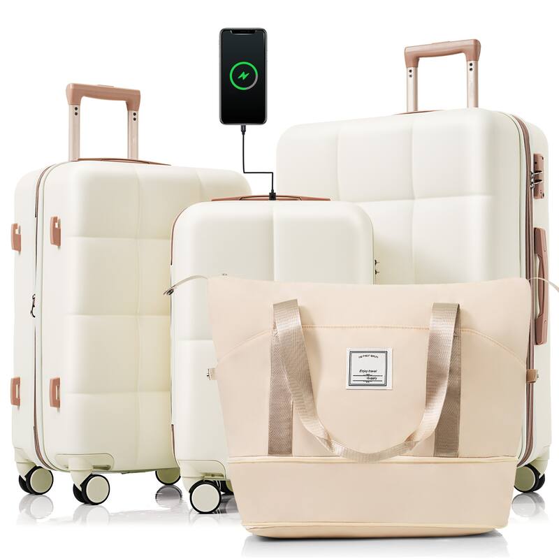 4-Piece, 20-Inch Modern Expandable Luggage with Travel Bag USB Port and Spinner Wheels, for Boarding Travel - Beige