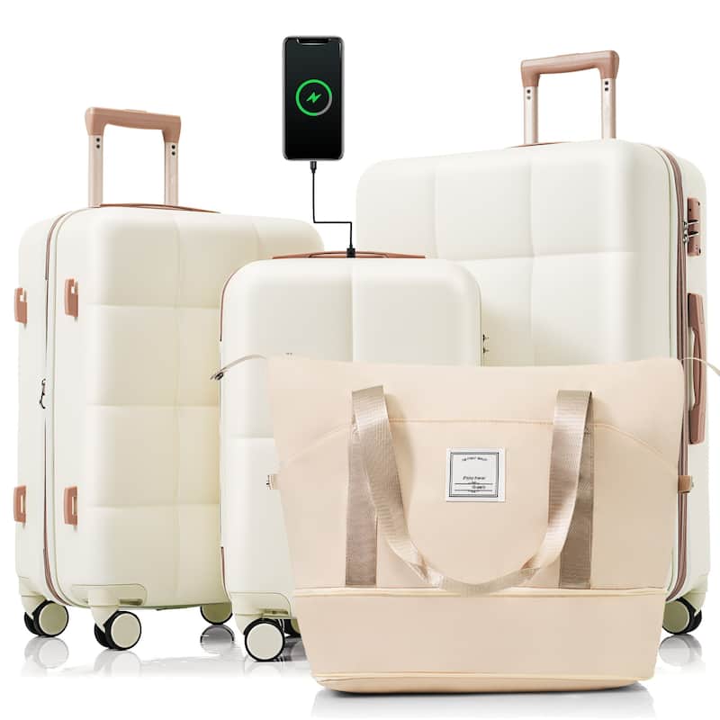 4 Piece Expandable Luggage Sets, ABS Durable Suitcase with Travel Bag and Cup Holder, Hard Shell Spinner Wheels Luggage - Beige+Gold