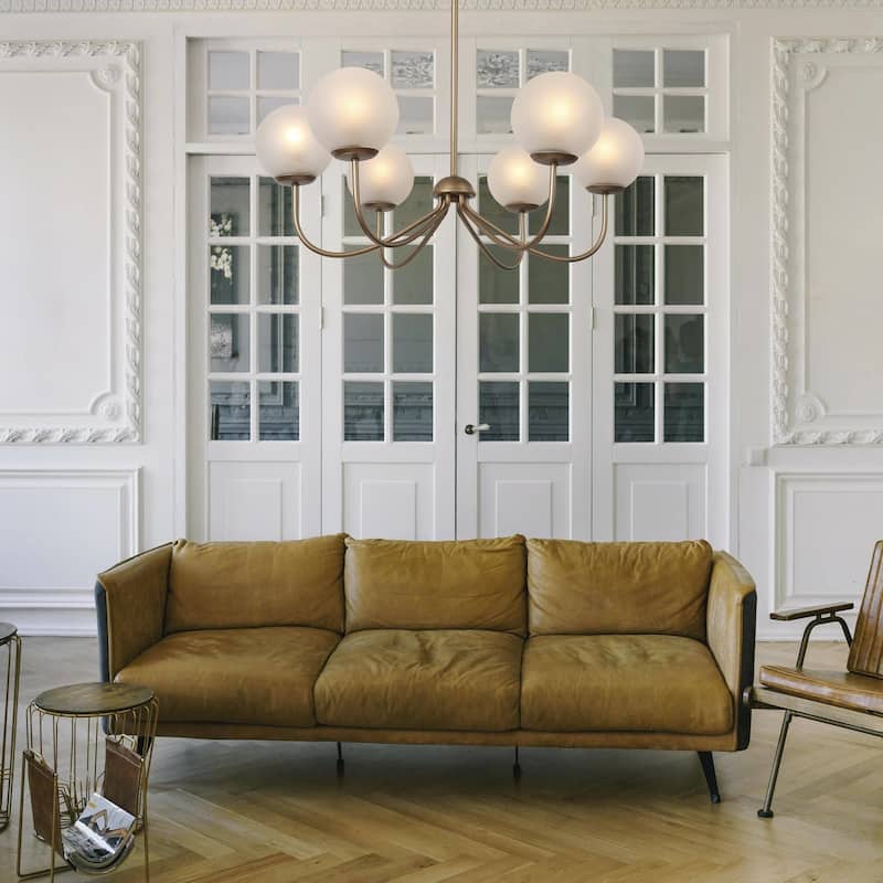 Modern Gold 6-Light Chandelier Wheel Globe Glass Light for Dining Room