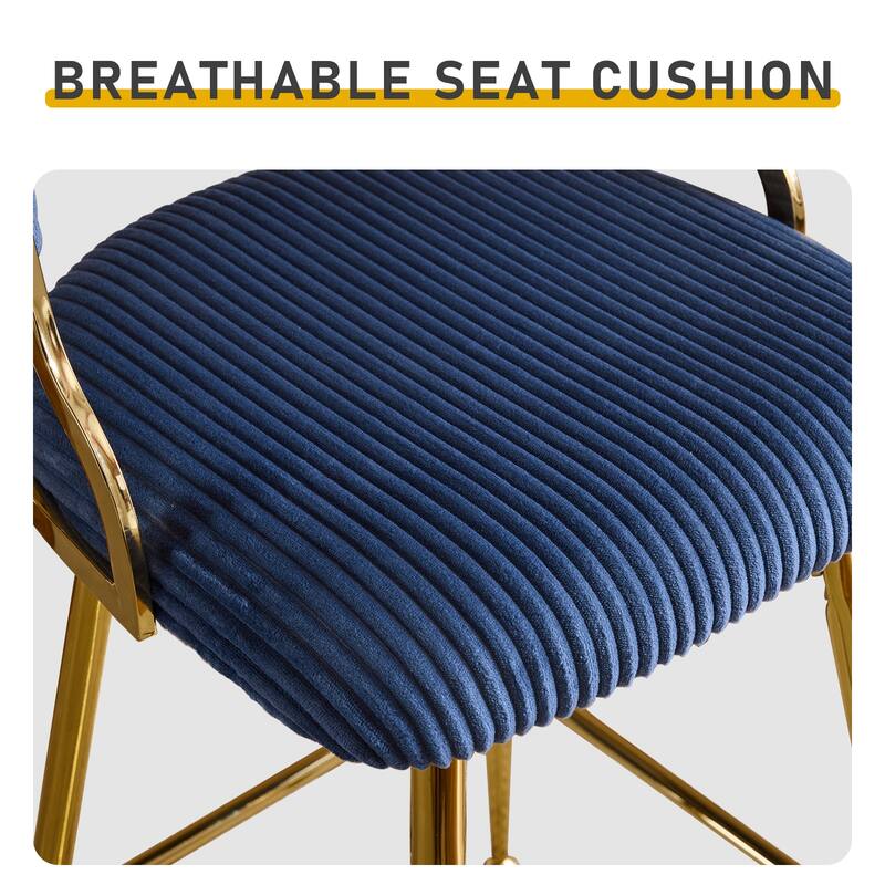 Set of 2 Modern Blue Corduroy Bar Stool with Curved Backrest and Gold Steel Frame for Indoor Use
