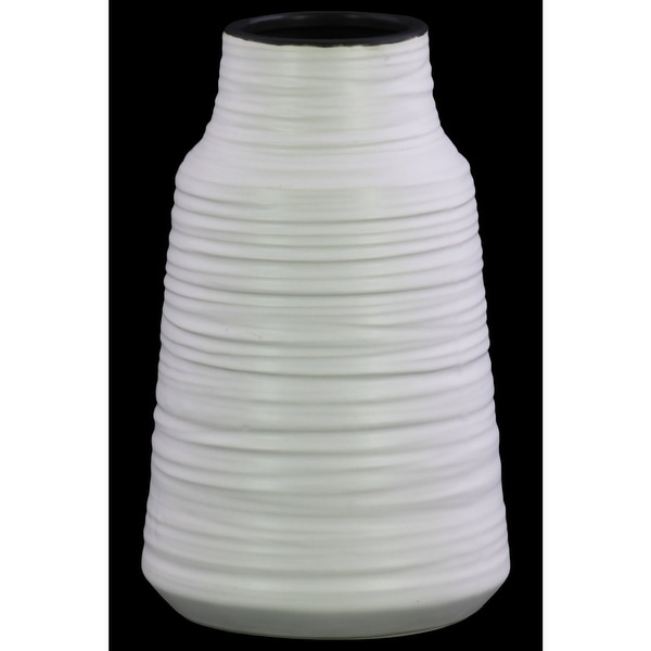 Round Ceramic Vase With Combed Design, Large, White