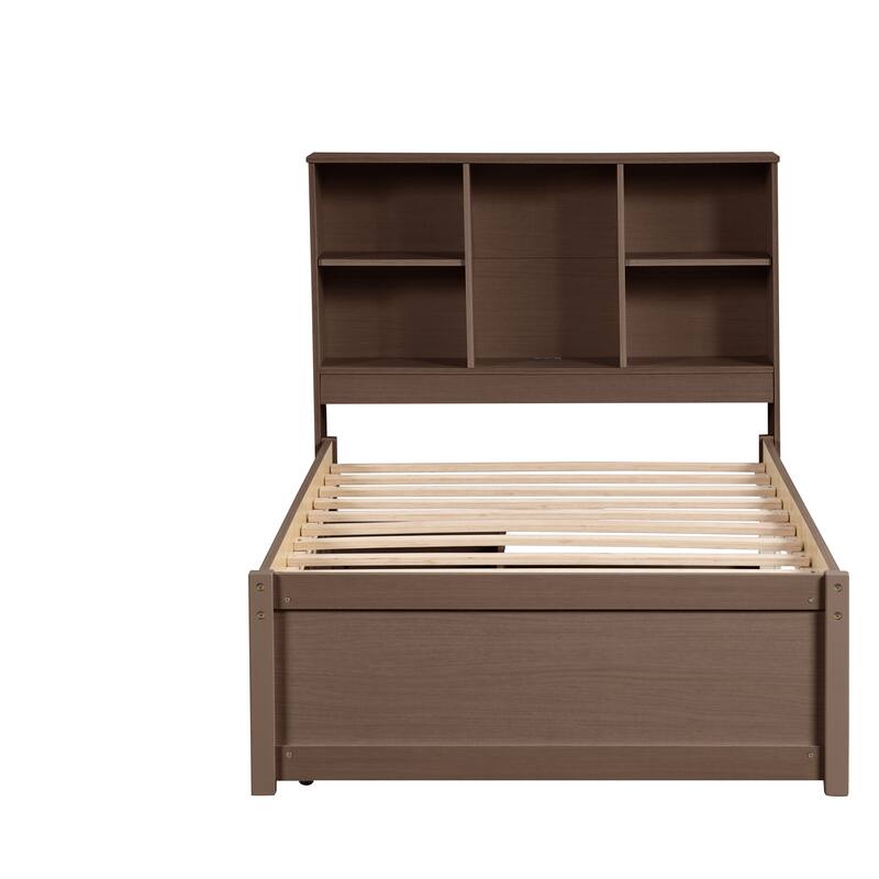 Modern Twin Size bed Frame With Built-in USB Port on Bookcase Headboard and 2 Drawers for Walnut Color