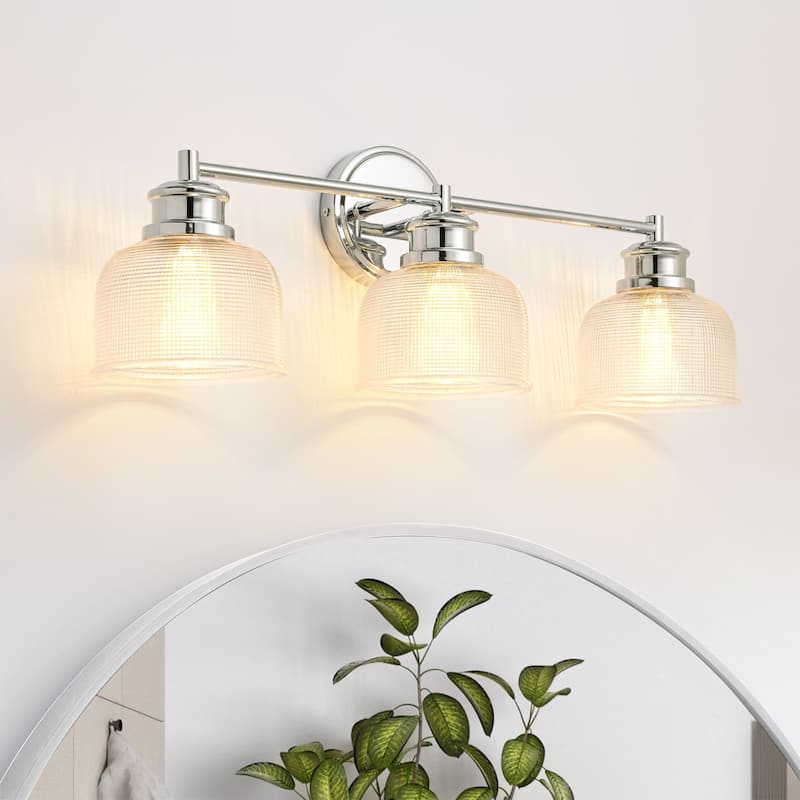 3-Light Modern Linear Bowl Dome Grid Glass Bathroom Vanity Light/ Black, Chrome, Brass Wall Lighting - Chrome