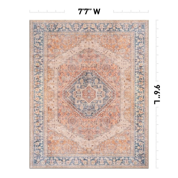 dimension image slide 28 of 36, Medallion Flat Pile Washable Rug – Pet Friendly, Non-Slip, Perfect for Entryway, Living Room, and Bedroom