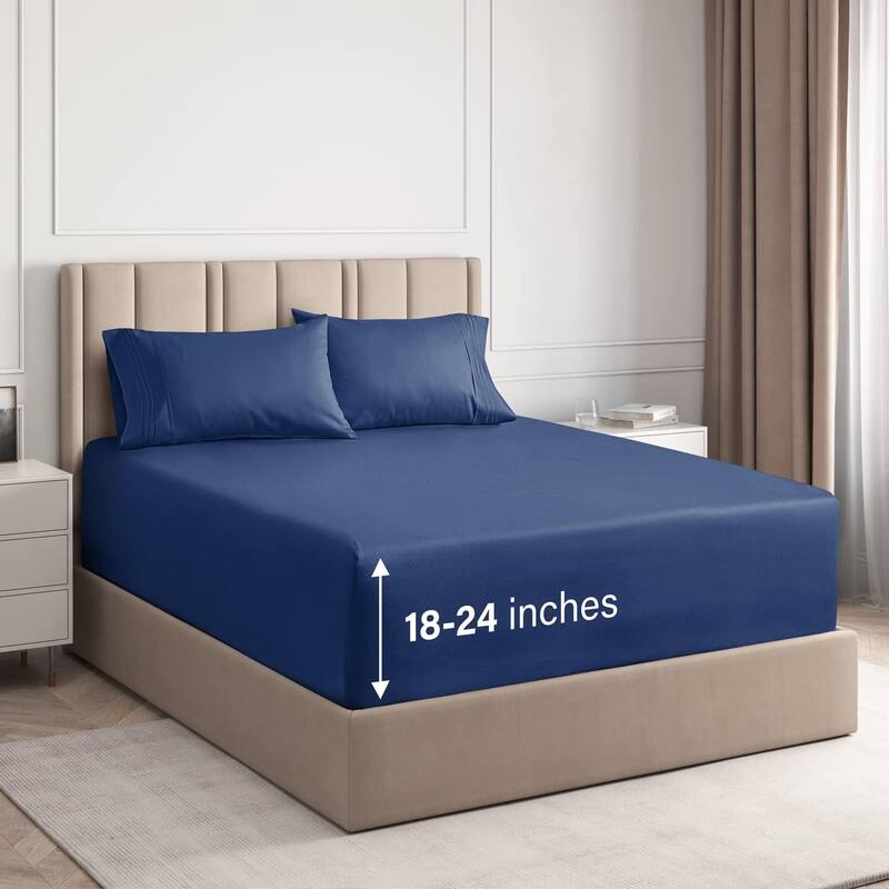 CGK Linens 4 Piece 100% Cotton Inch Extra Deep Pocket Bed Sheet Set - King - Navy Blue