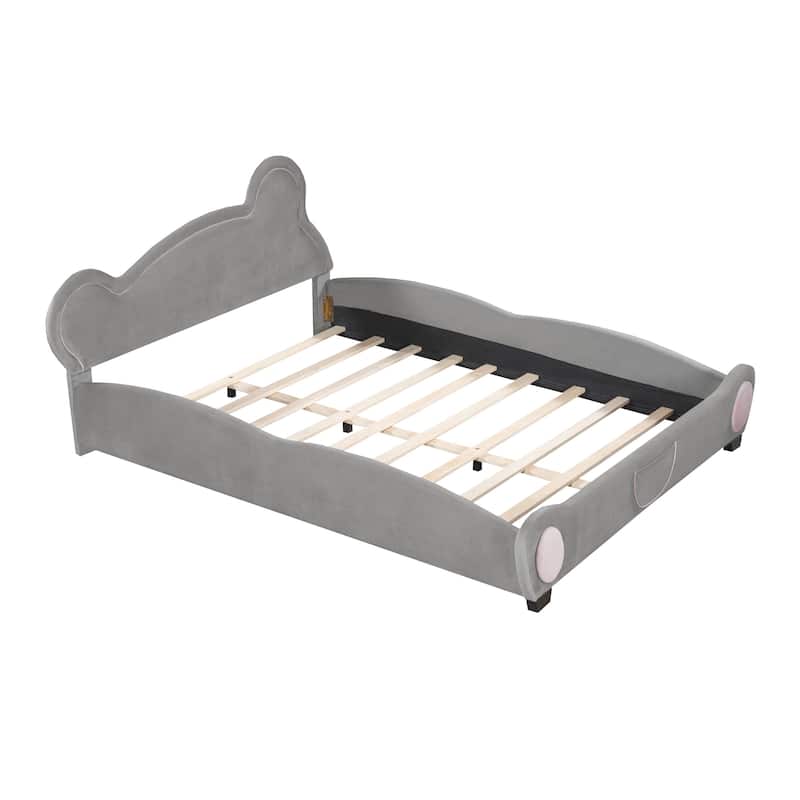 Cute Bear Design Twin Platform Bed, Velvet Upholstery with Storage