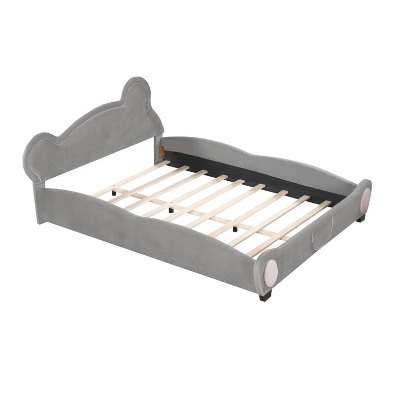 Kids Upholstered Platform Bed with Headboard Wooden Bed, Velvet