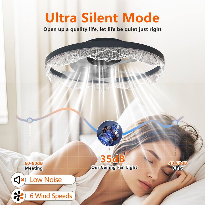 LunaDrift 16"20"24" Modern LED Crystal Black Smart Ceiling Fan with Light, 6-Speed Dimmable Quiet Bedroom Ceiling Fan w/Remote