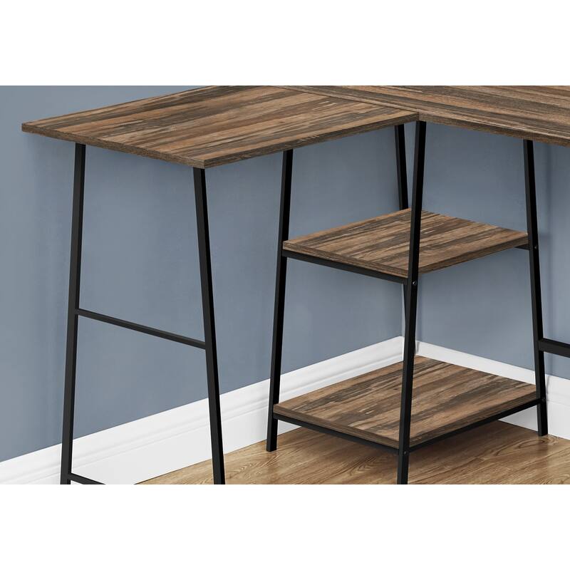 Industrial Corner Computer Desk with Storage Shelves and Metal Sawhorse Legs