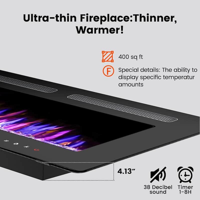 BOSSIN Electric Fireplace Wall Mounted and Recessed with Remote Control, 750/1500W Ultra-Thin Wall Fireplace Heater, Low Noise