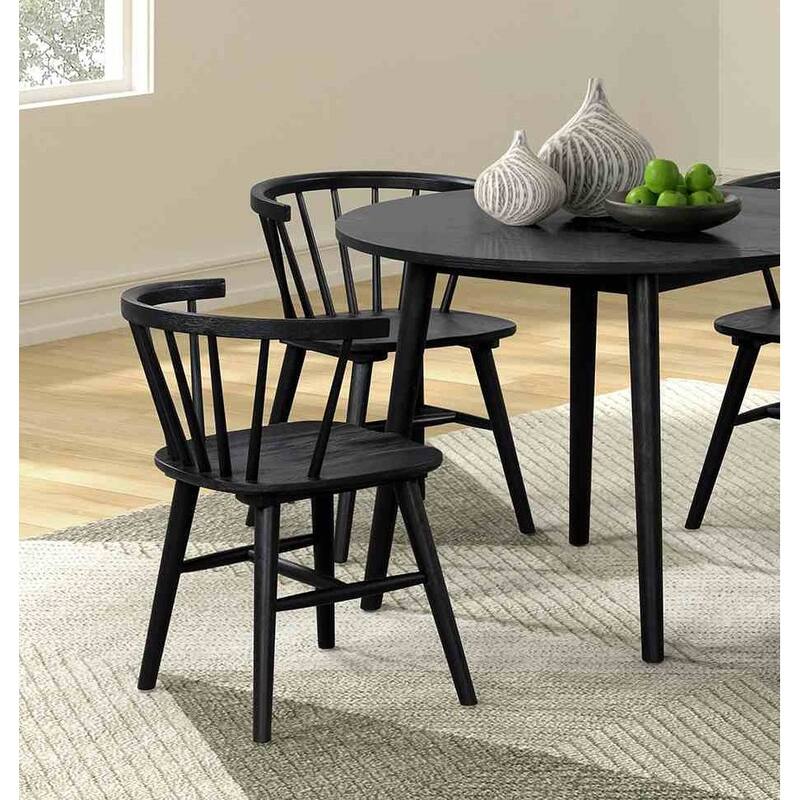 Black Finish Mid-Century Modern Style, 2pc Dining Chair Shaker Legs Molded Seat Spindle Back Dining Room
