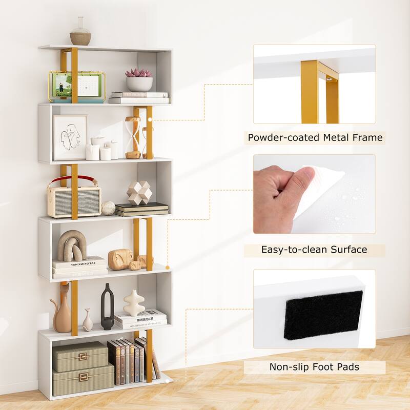 Gymax 6-Tier Geometric Bookcase 74.5-Inch S-Shaped Bookshelf w/ Metal