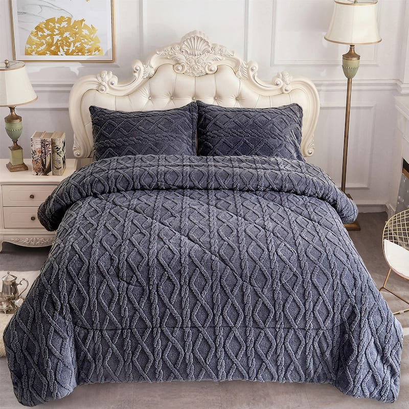 3 Pieces Sherpa Fleece Comforter Set Fluffy Comforter Bedding Set with 2 Pillowcases - Grey - Queen
