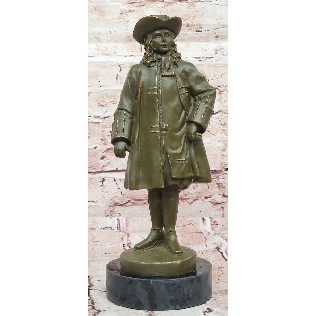Bronze Historical Figure William Penn Statue With Hat On Marble Base Home Decor
