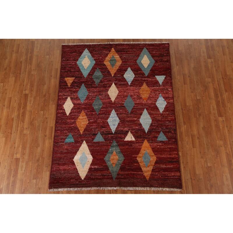 Hand Knotted Oriental 100% Wool Carpet Modern Tribal Red Moroccan Area Rug - 7' 7'' X 5' 9''