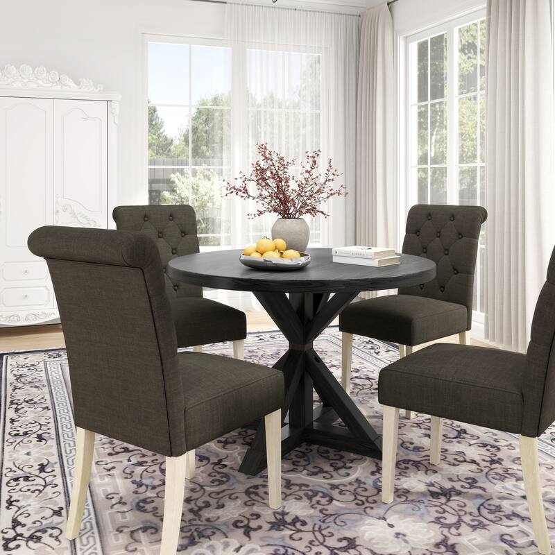 Contemporary 5-Piece Dining Set with Round Table and Button-Tufted Chairs - Solid Wood Construction for Lasting Durability