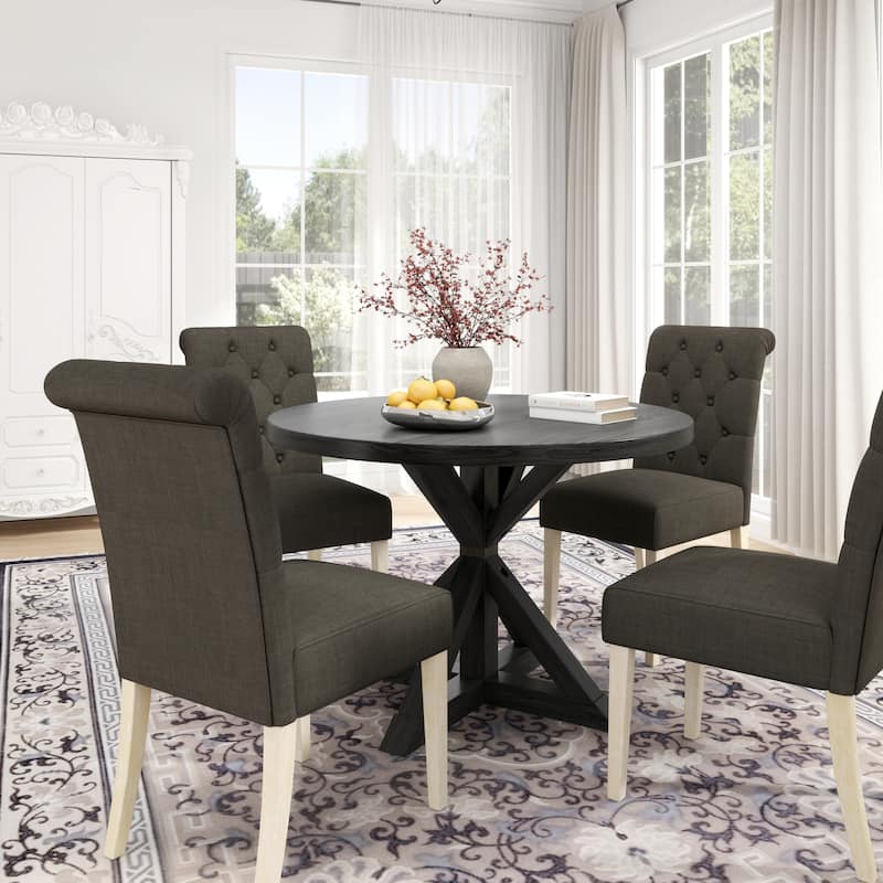 Roundhill Furniture Banff 5-Piece Round Dining Set, Cross-Buck Round Table with 4 Tufted Chairs