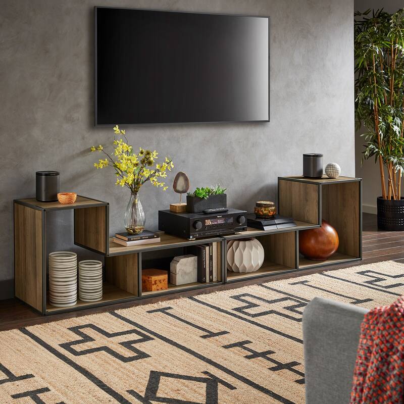Shelby Natural Finish TV Stand with Silver Gray Metal Frame by iNSPIRE Q Modern