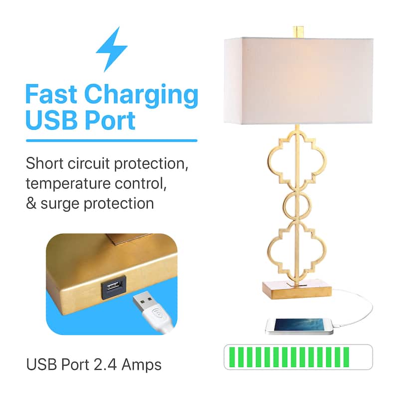 Miami 32" Iron Ogee Trellis Modern LED USB Table Lamp, Gold by JONATHAN Y