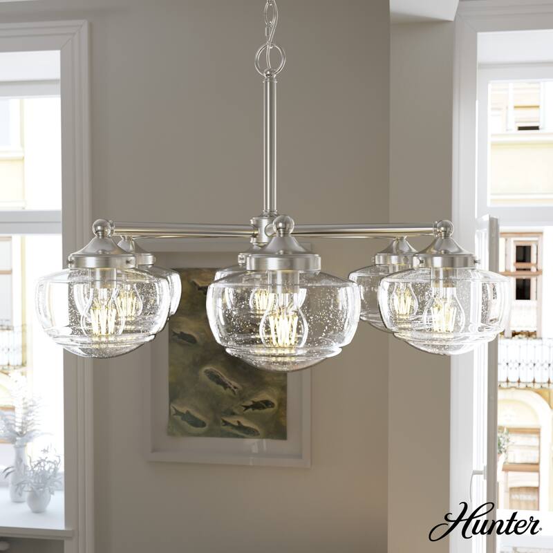 Hunter Saddle Creek Contemporary Schoolhouse Chandelier - Clear or White Glass Globes - Entry, Dining Room, Kitchen Table - 6 Light - Brushed Nickel-Clear Seeded Glass