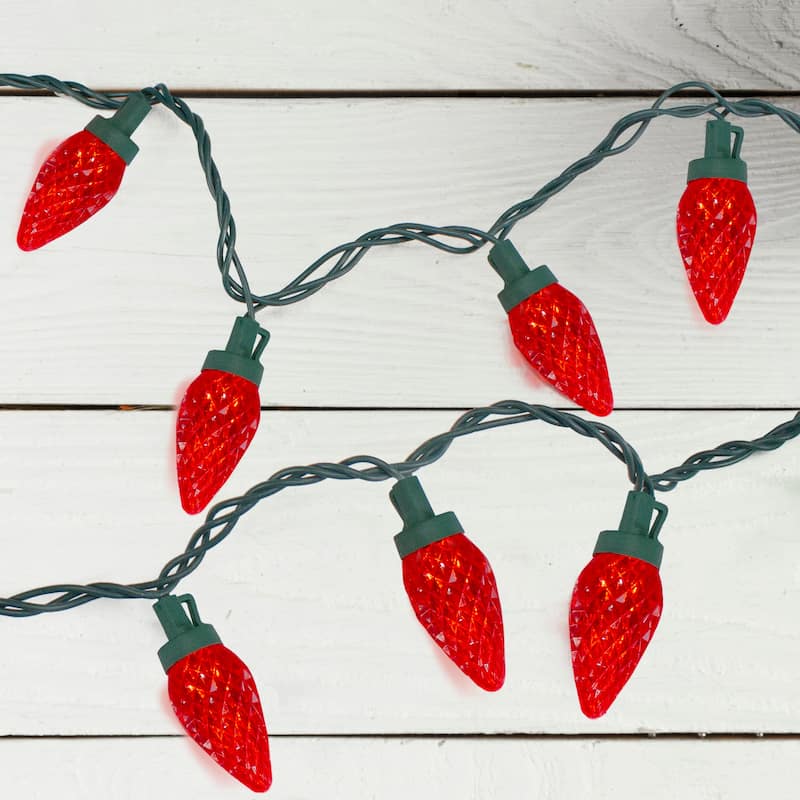 50 Count Red LED Faceted C9 Christmas Light Set, 20.25 ft Green Wire
