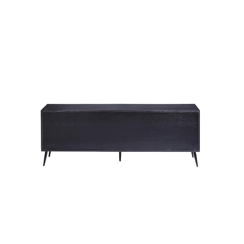 Black Transitional Style 60" TV Stand with Rattan Door and Four Open Compartments for TVs Up to 60"