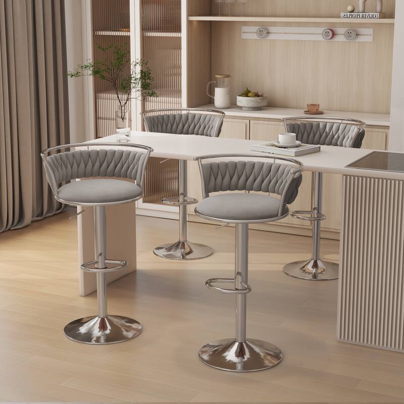 Modern Velvet 26" Adjustable Swivel Bar Stools (Set of 4) - Set of 4 - Grey-Silver